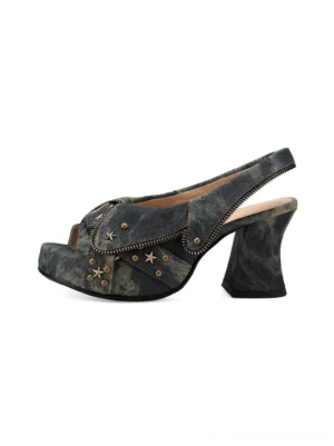 Distressed denim studded western peep-toe slingback heels with star hardware zipper trim and chunky block heel
