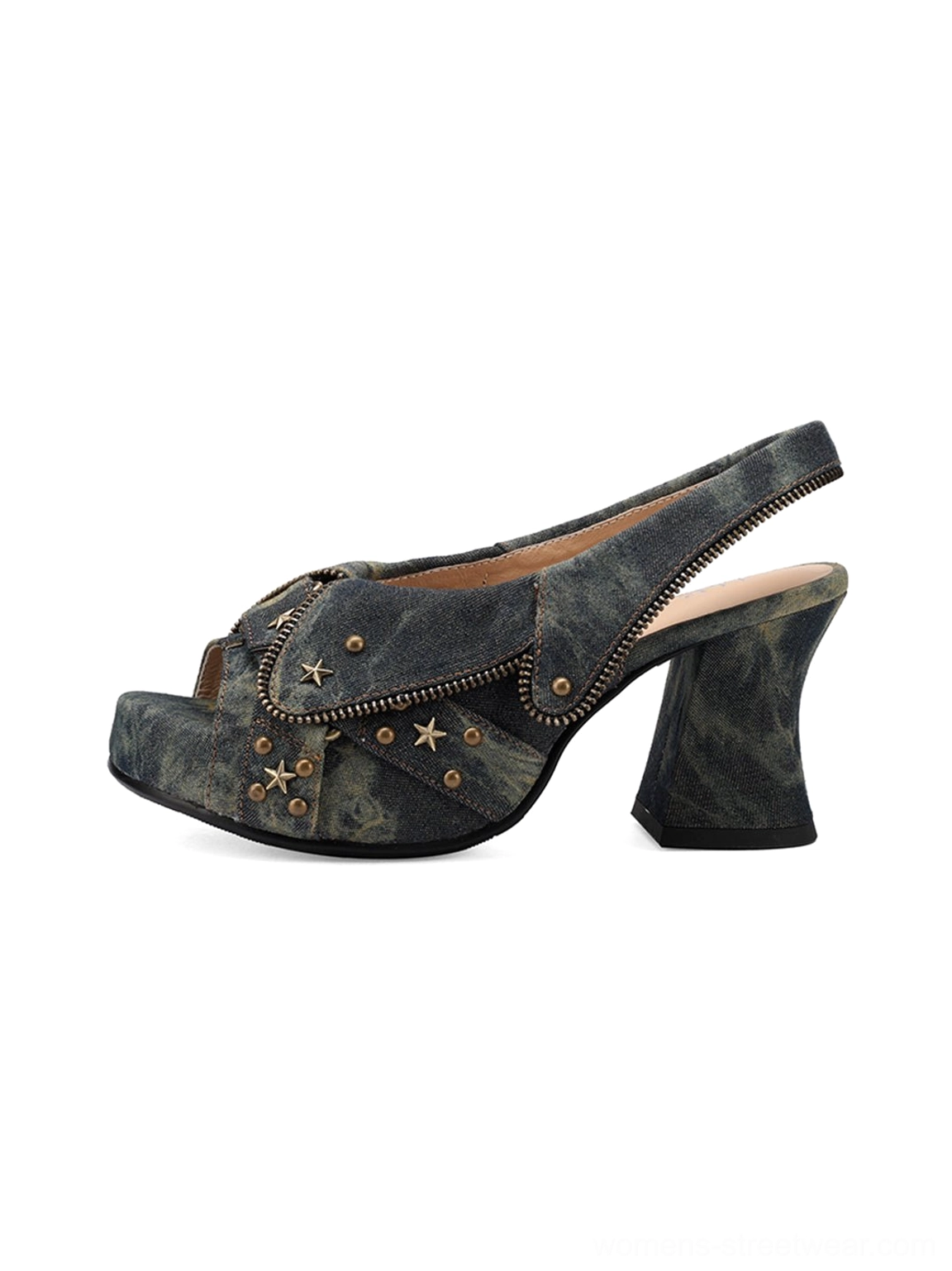 Distressed denim studded western peep-toe slingback heels with star hardware zipper trim and chunky block heel
