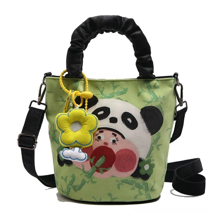 Style 6 green variant cartoon tote demonstrating color versatility and character graphic rendering on canvas exterior