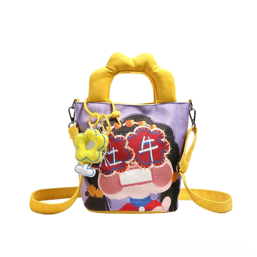 Style 8 orange colorway cartoon tote bag front view showcasing alternative color option and distinct character graphic design