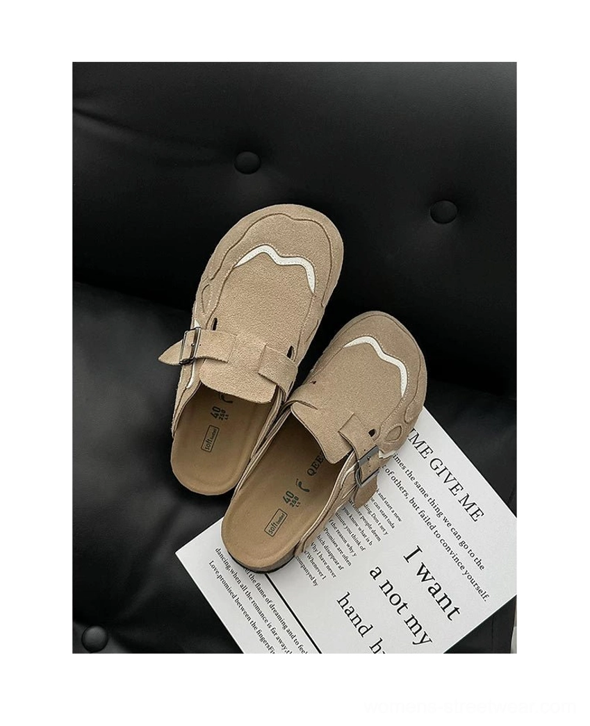 Suede buckle cork footbed streetwear mule clogs showing adjustable buckle strap and contoured insole