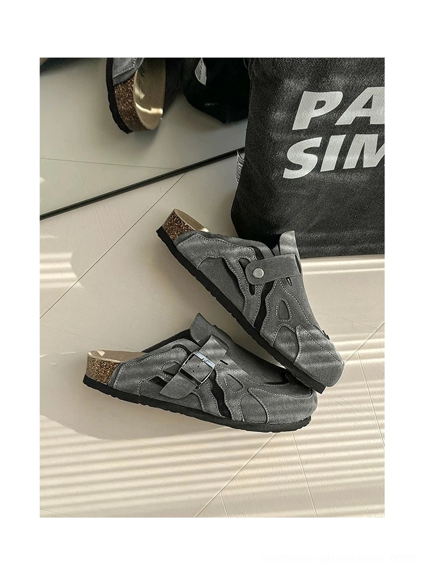 Distressed denim-look suede buckle cork footbed streetwear mule clogs in a directional flat lay