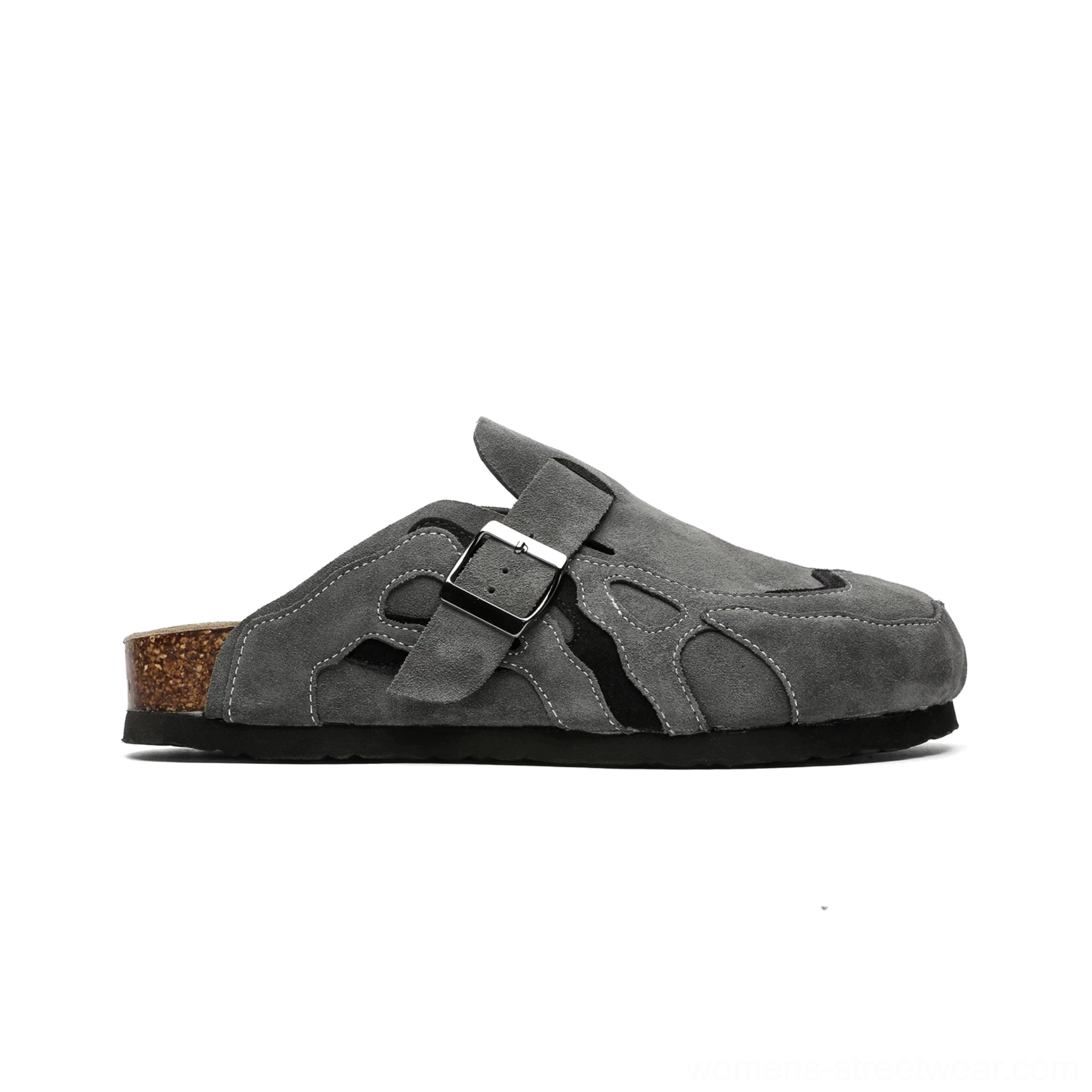 Suede buckle cork footbed streetwear mule clogs lifestyle image for casual Korean streetwear outfits