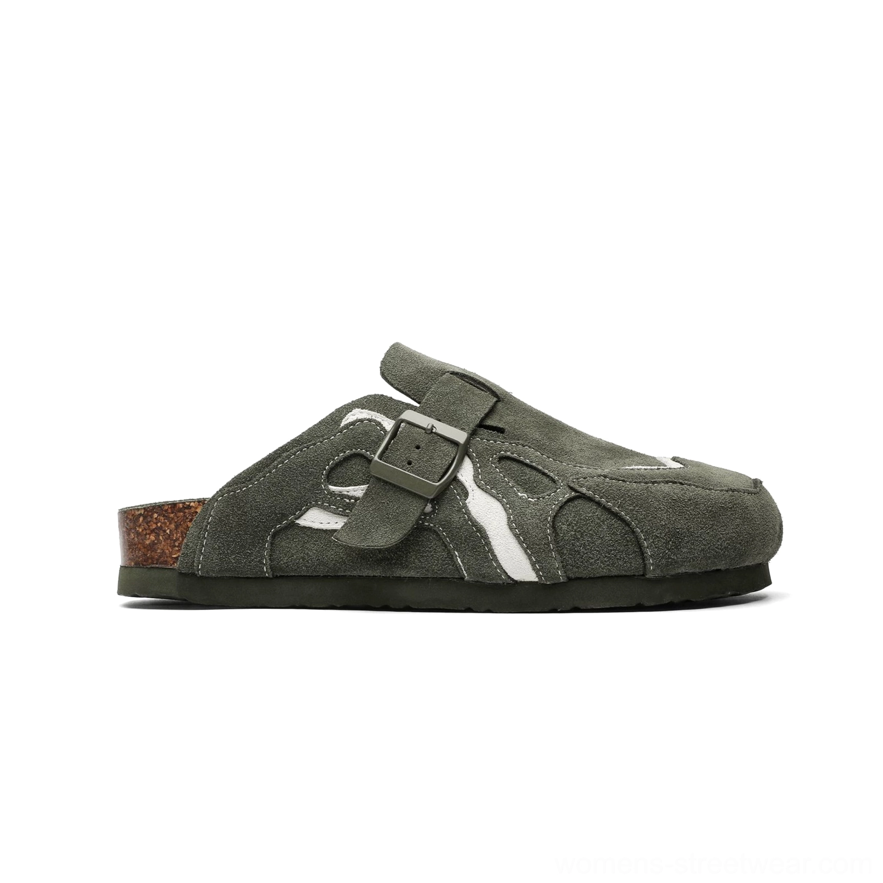 Military green suede buckle cork footbed streetwear mule clogs with layered upper and slip-on heel