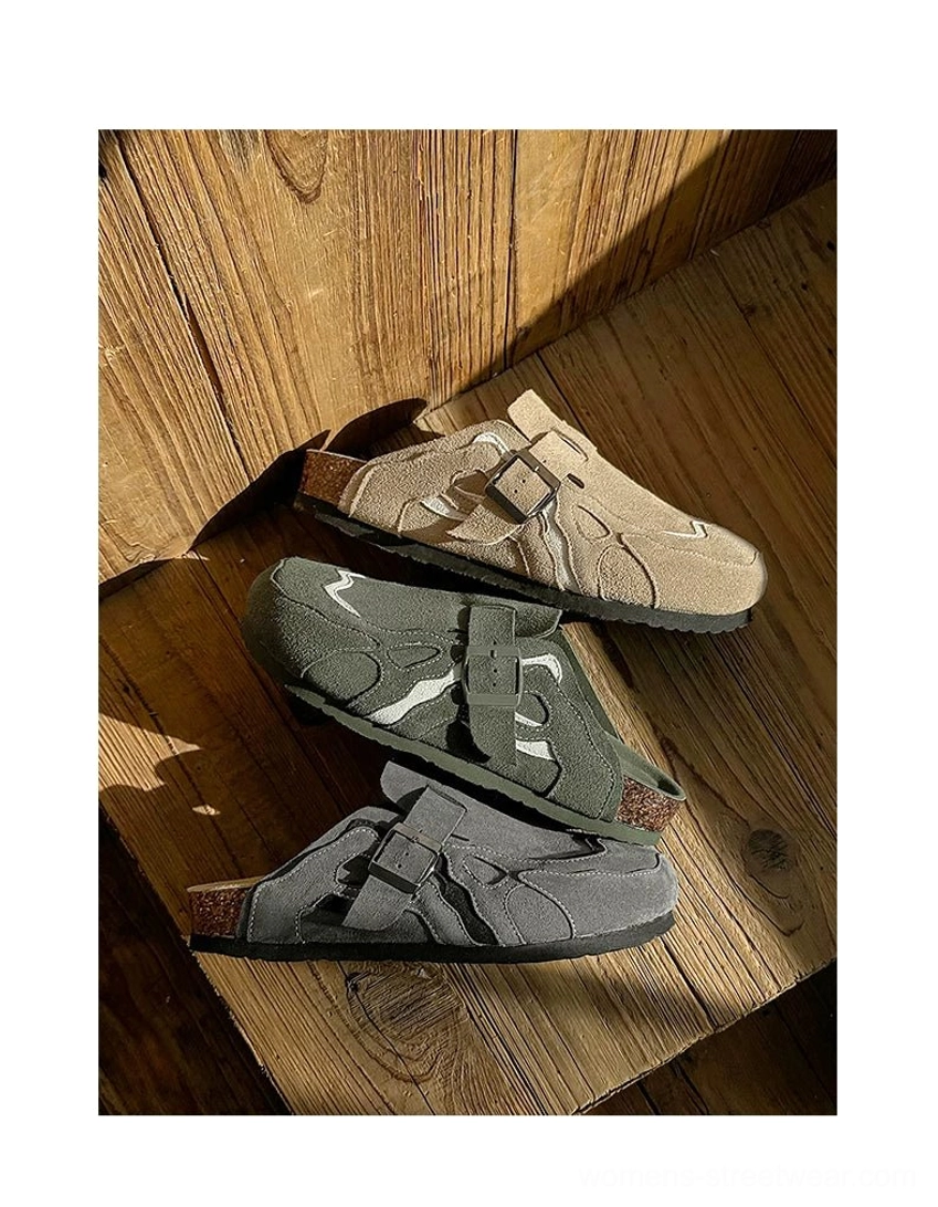 Suede buckle cork footbed streetwear mule clogs in taupe military green and dark grey color options