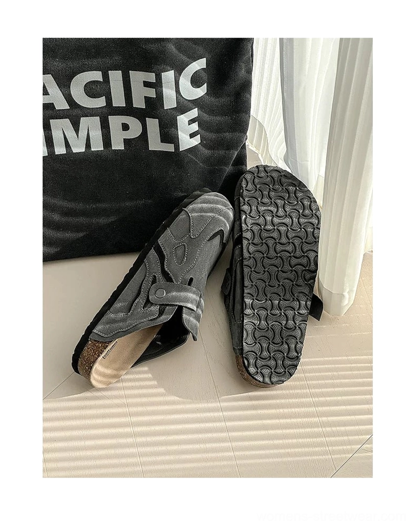 Suede buckle cork footbed streetwear mule clogs with round closed toe and thick composite outsole