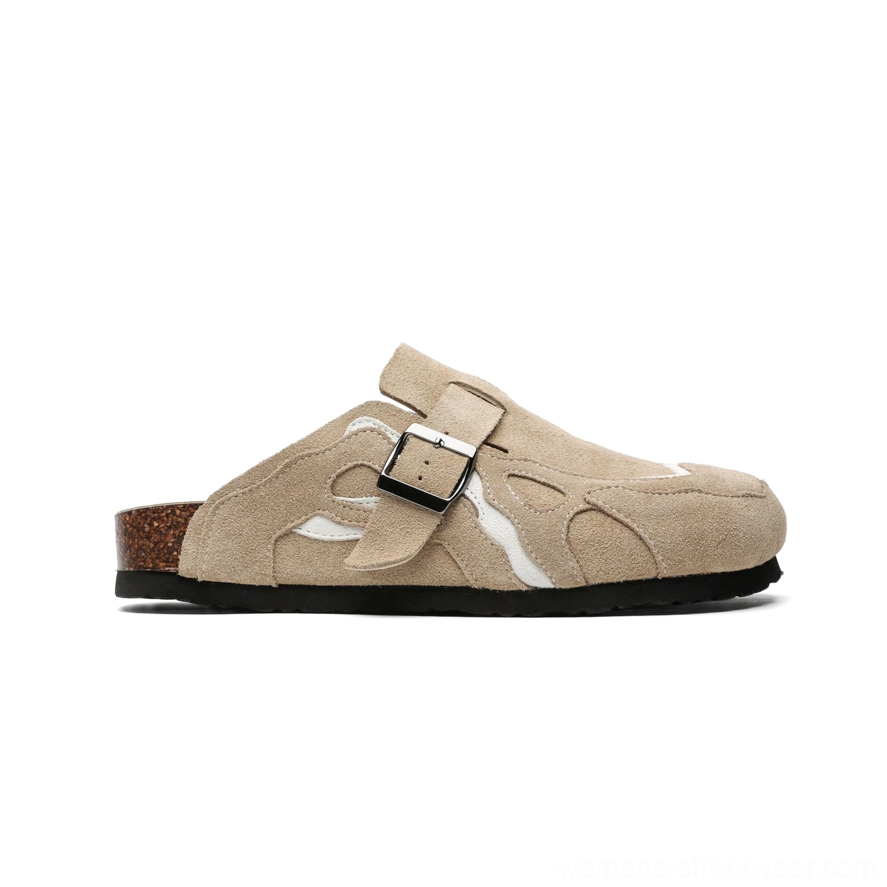 Sand suede buckle cork footbed streetwear mule clogs with chunky sole and adjustable front buckle