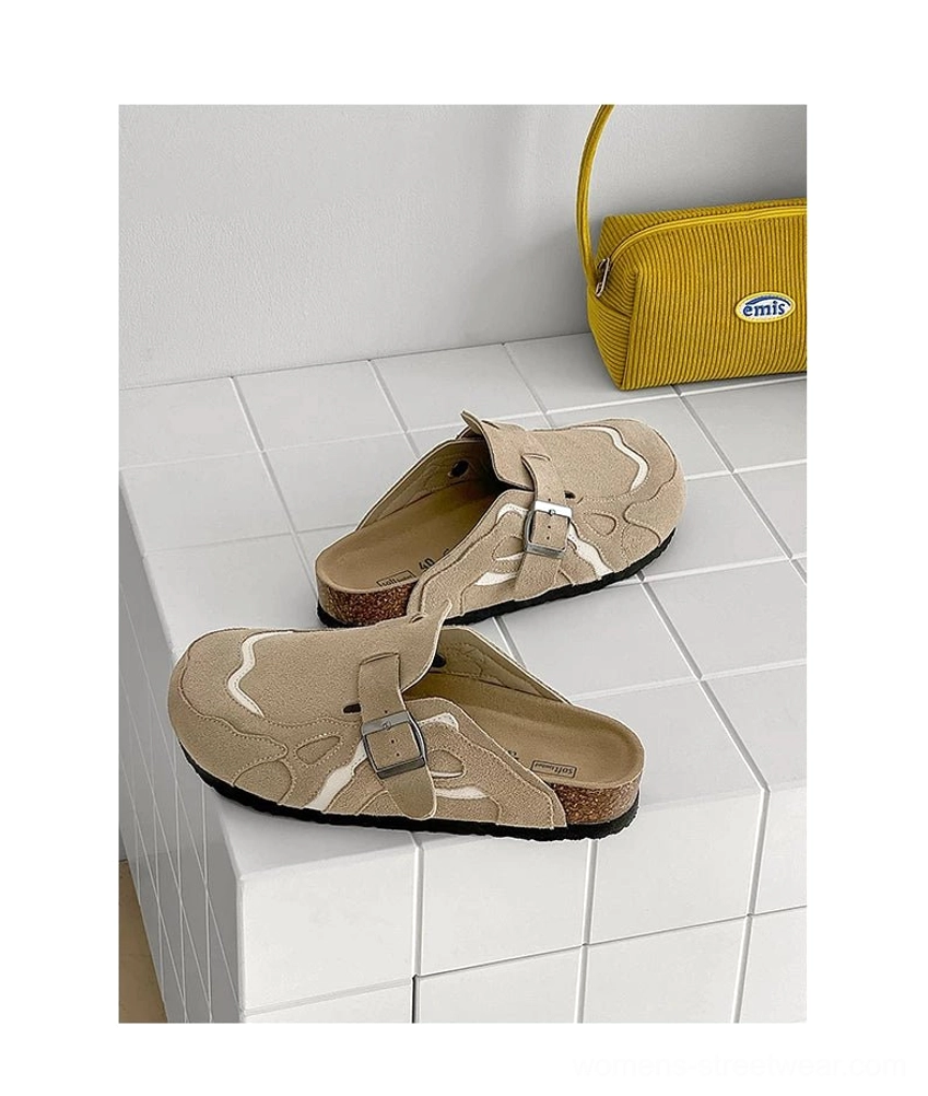 Suede buckle cork footbed streetwear mule clogs close-up showing soft sanded leather texture