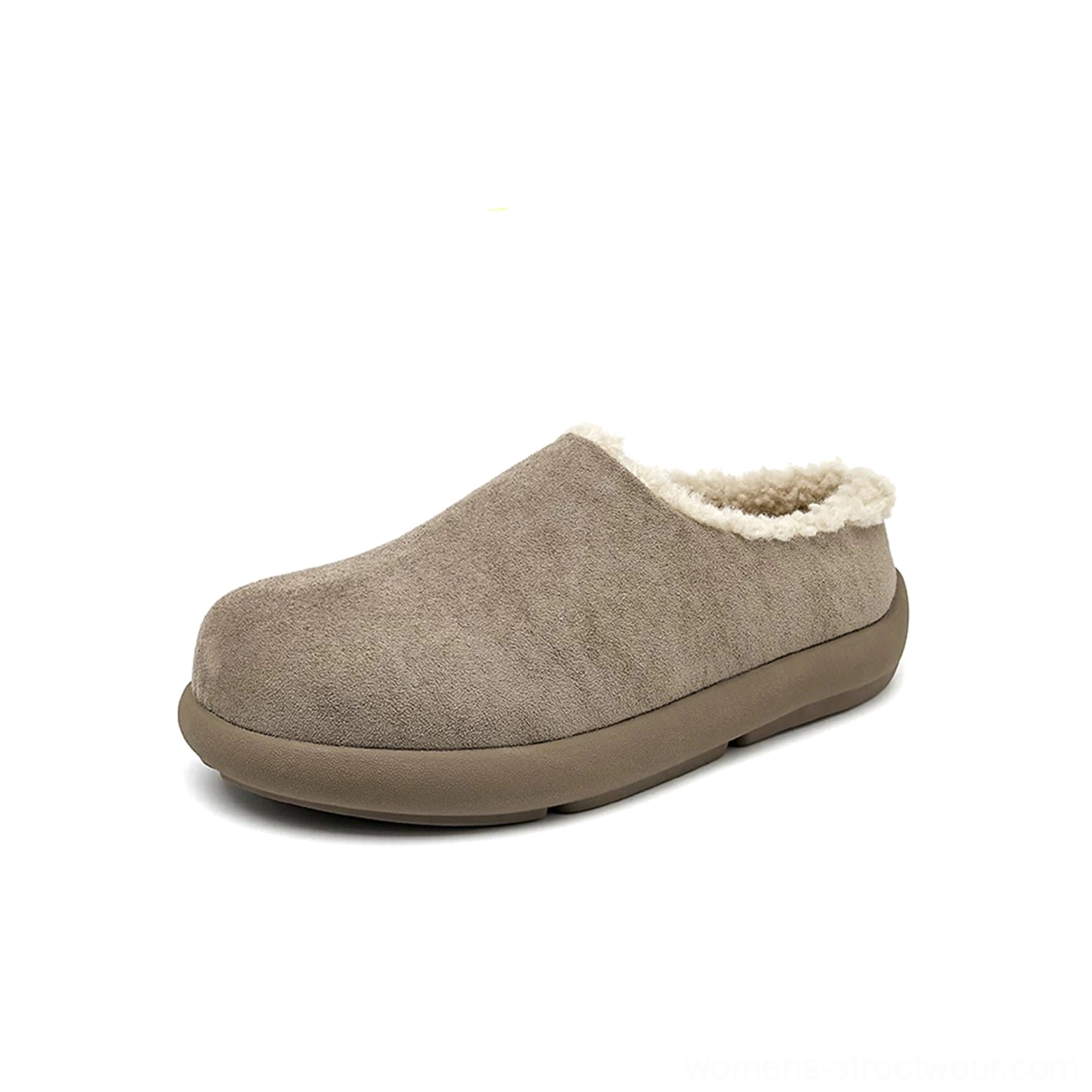 Suede platform mule clogs in a minimalist streetwear silhouette, showing the backless slip-on construction, rounded closed toe, and lightweight rubber outsole