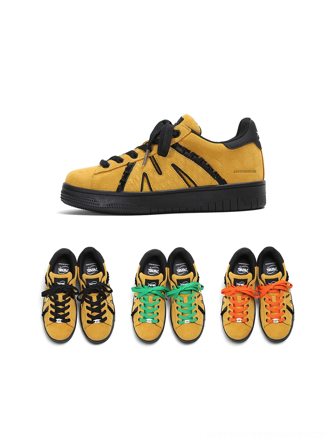 Suede platform skate sneakers with three interchangeable black green and orange replacement lace sets