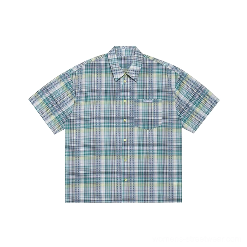 Summer embroidered plaid shirt image designed for casual city outfits, travel styling, and relaxed Seoul-inspired fashion