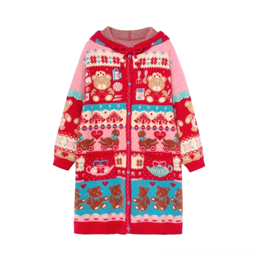 Flat lay of sweet bear Fair Isle hooded long cardigan showing the full red pink and blue bear themed jacquard knit pattern