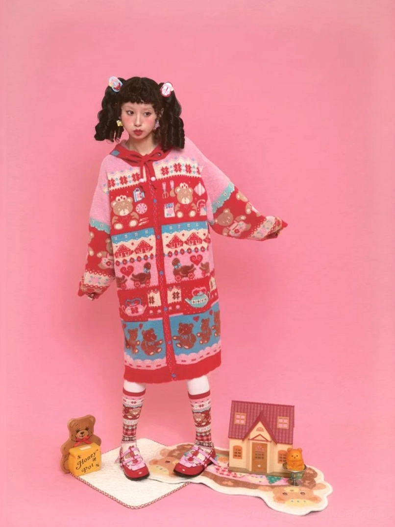 Sweet bear Fair Isle hooded long cardigan front silhouette showing colorful cottage bear and geometric knit details
