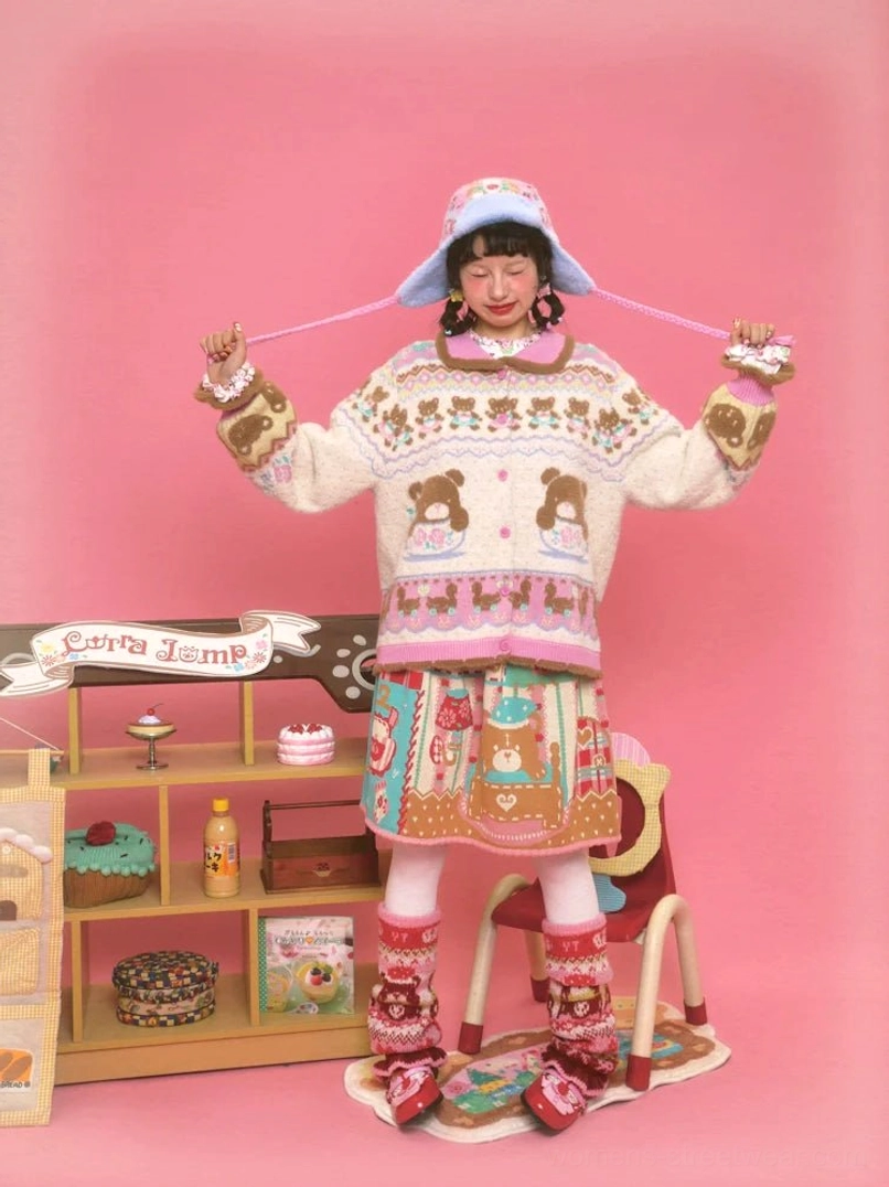 Sweet Bear Tea Party winter streetwear outfit featuring a cream teddy bear cardigan, balloon sleeves, pastel skirt, bonnet, and leg warmers