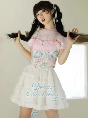 Sweet bunny print corset camisole styled with a pink top and ruffled white skirt in a playful Y2K Lolita streetwear outfit