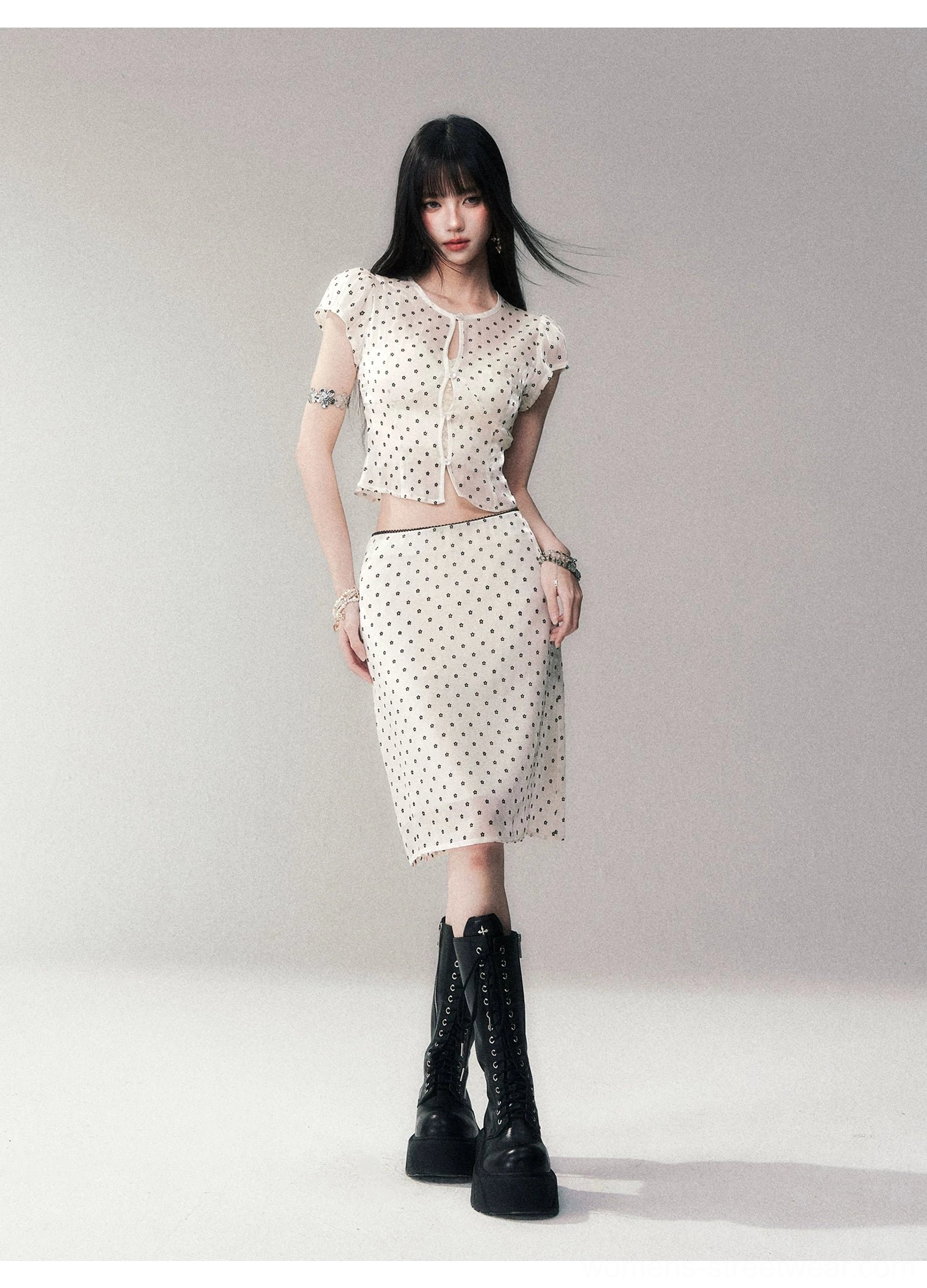 Full front view of sweet cool beige polka dot mesh two piece outfit with sheer cropped top and midi skirt