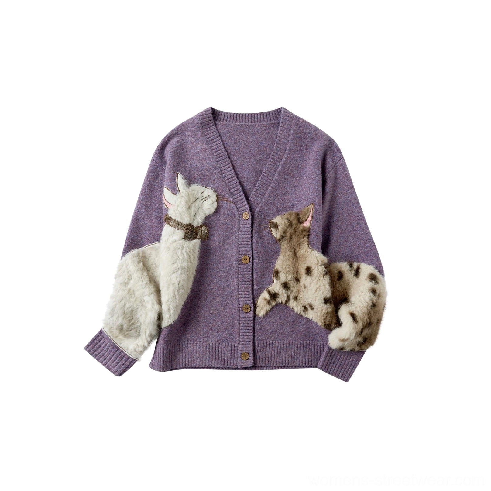 Sweet potato purple fuzzy cat cardigan showing playful plush appliques, soft lavender knit texture, statement collar, and relaxed silhouette