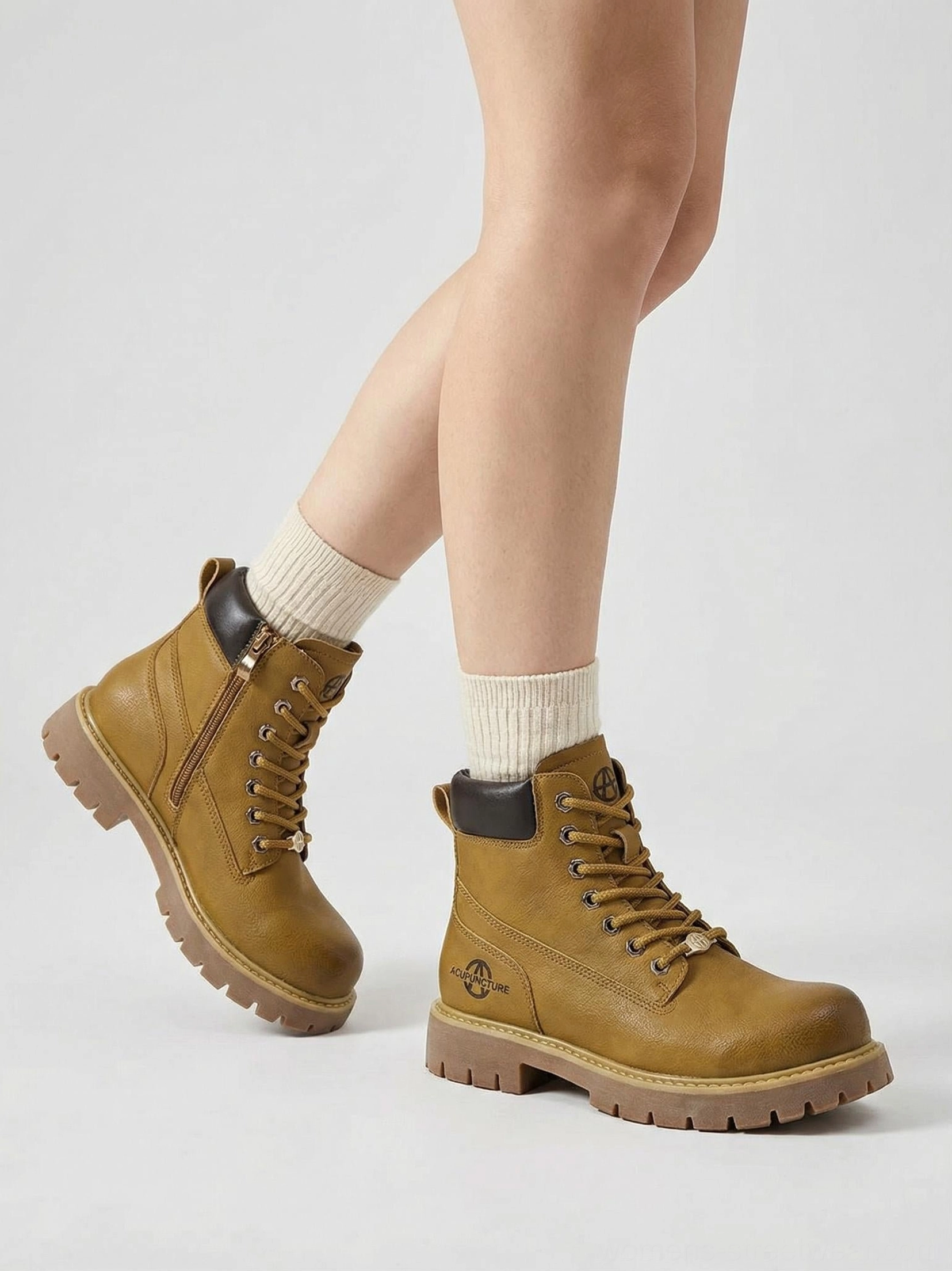 Side dynamic shot zip-front ankle boots female legs white socks side zipper closure detail streetwear
