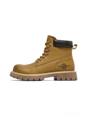 Zip-front lug-sole tactical ankle boots left profile view studio display black and yellow streetwear utility boot