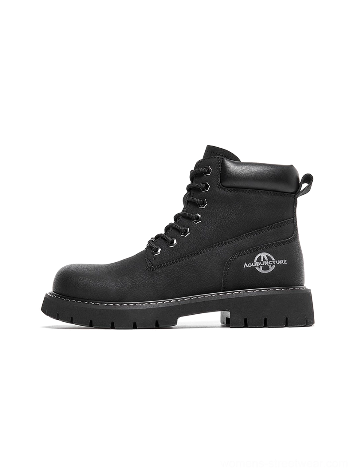Tactical zip-front lug-sole ankle boots angled studio view padded collar synthetic upper streetwear
