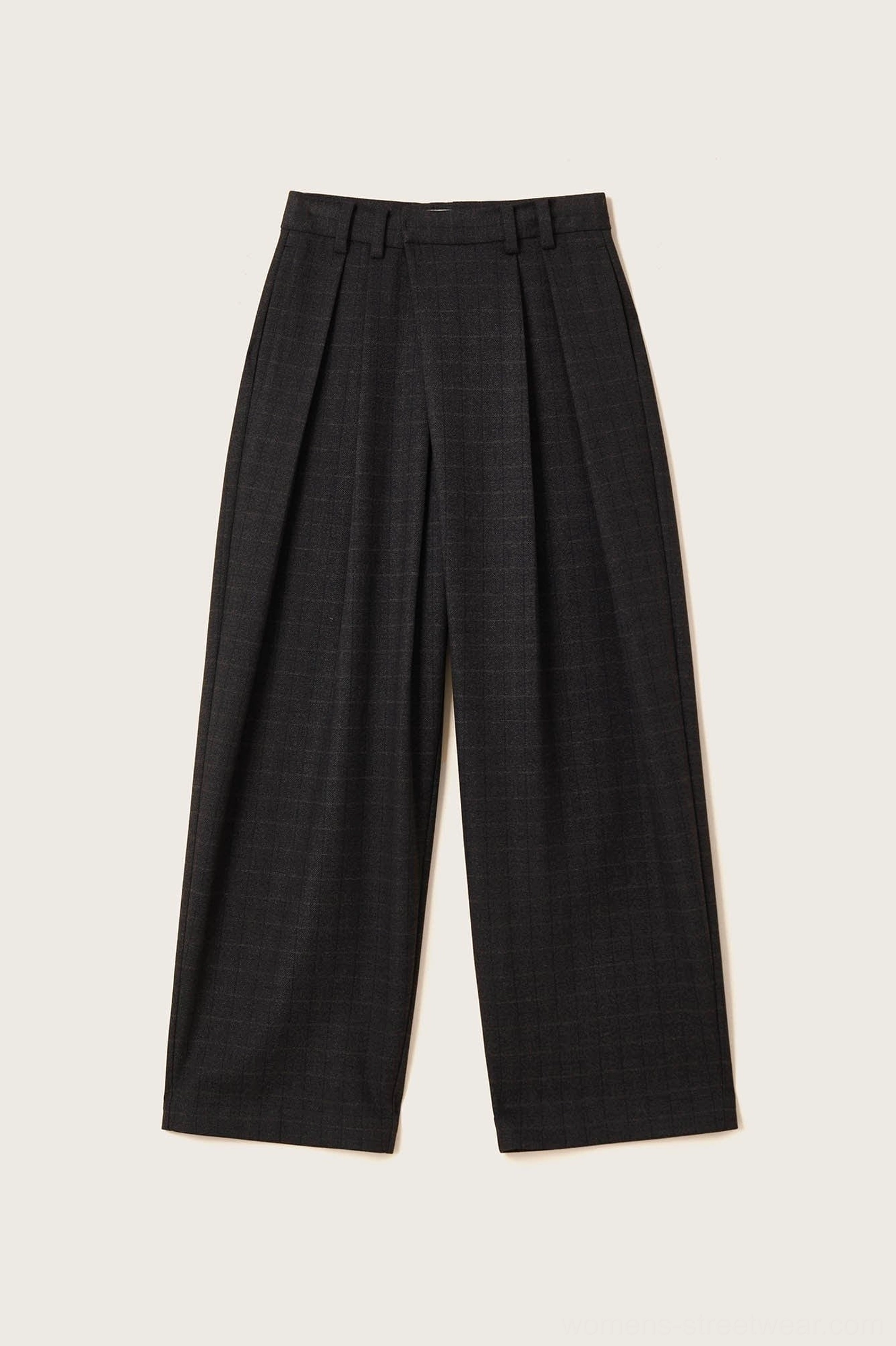 Tailored dark grey grid plaid streetwear pants with an oversized wide-leg fit and refined suiting-inspired design
