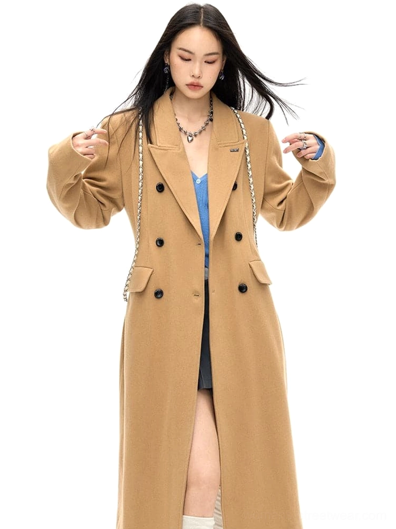 Tailored wool long overcoat with slim waist shape and elegant below-knee length