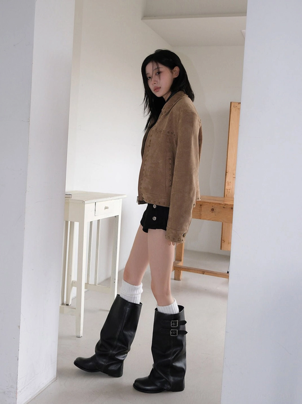 Tall buckled slouch shaft leather boots with low block heel for Y2K and streetwear styling