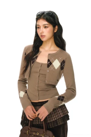 Tan brown argyle two piece knit cardigan and camisole set styled with a plaid ruffle skirt and leather handbag
