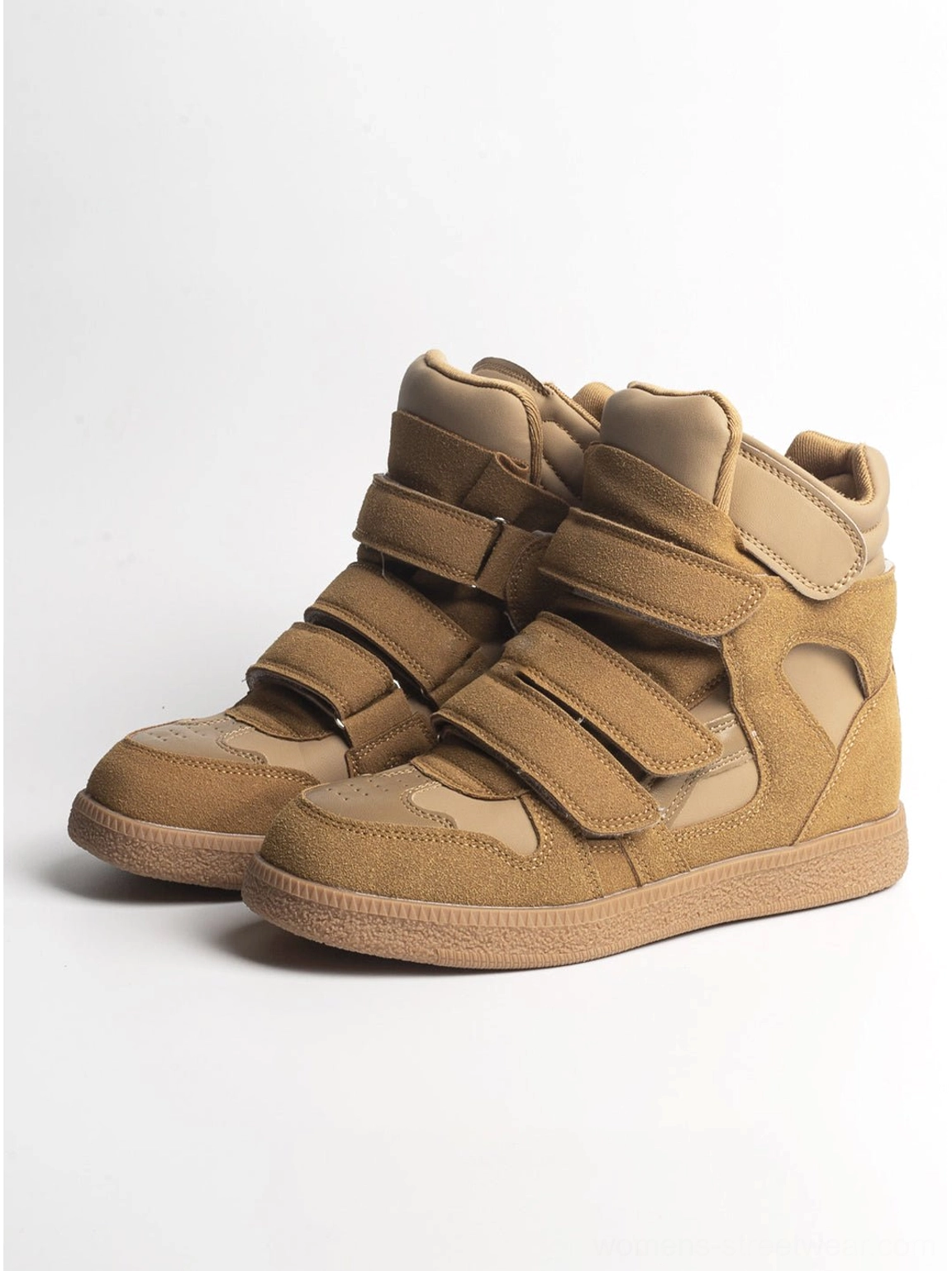 Tan brown multi-strap high-top wedge sneakers with suede upper, layered Velcro straps, padded collar, rounded toe, and gum rubber sole