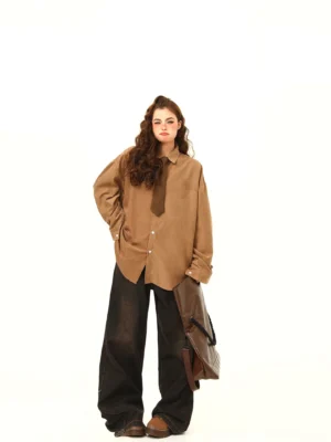 Full front view of tan brown oversized corduroy shirt with matching necktie, relaxed fit, leather tote bag, and modern Seoul streetwear outfit