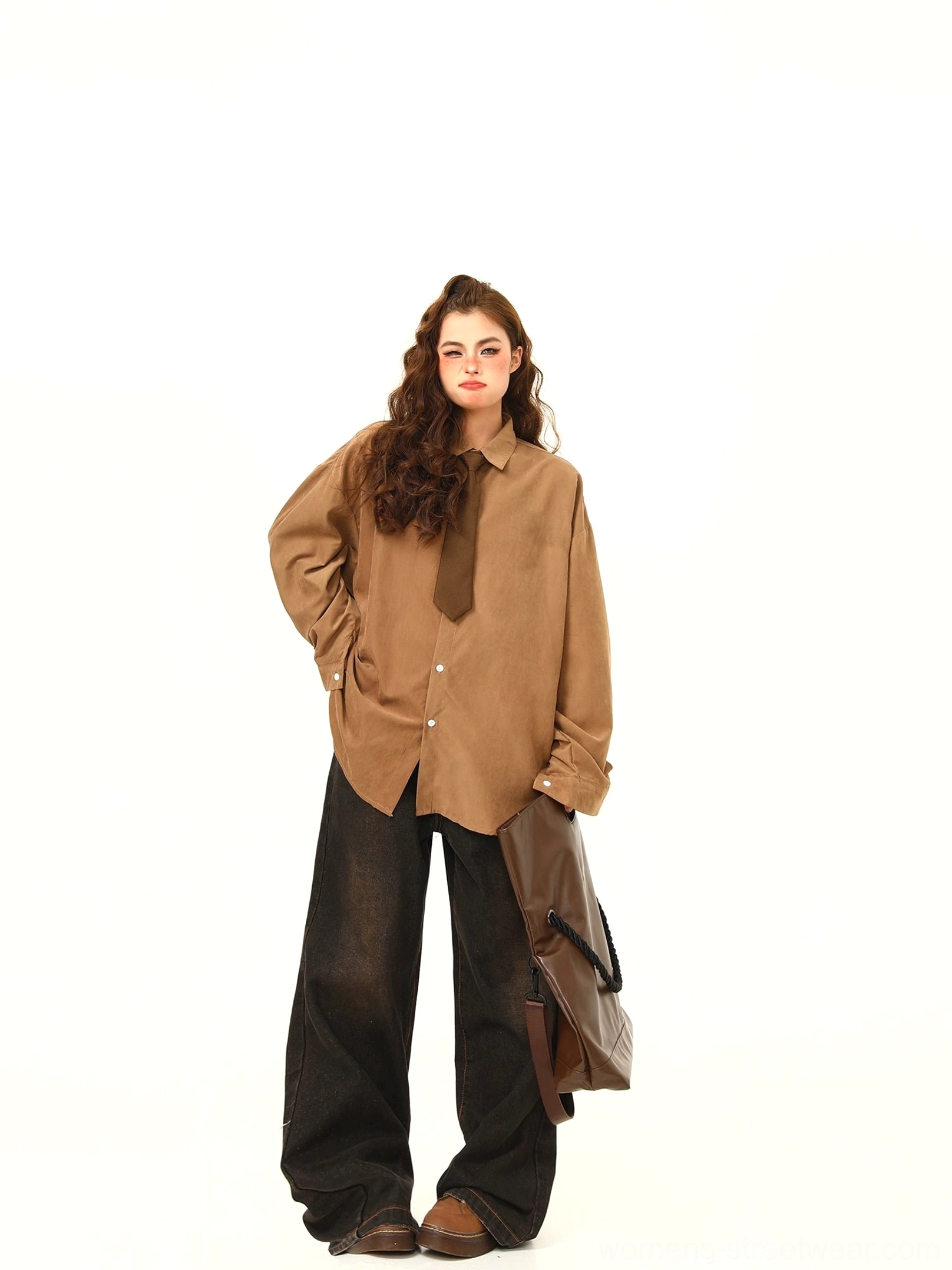 Full front view of tan brown oversized corduroy shirt with matching necktie, relaxed fit, leather tote bag, and modern Seoul streetwear outfit