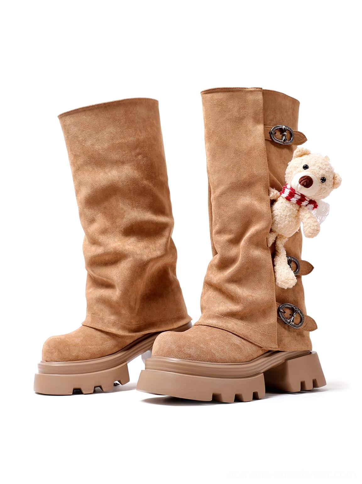 Right side view of tan brown teddy bear charm boots with folded slouchy shafts and chunky lug soles