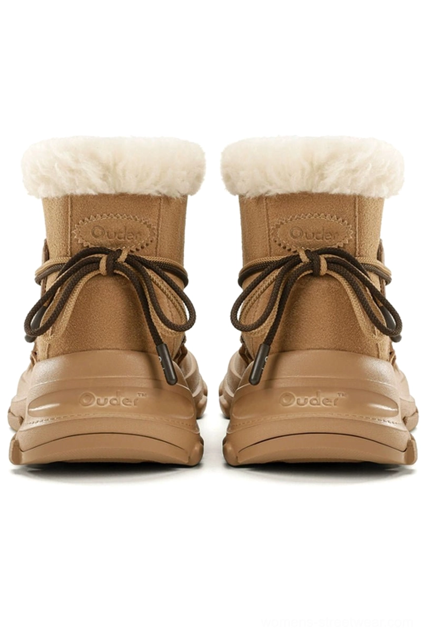 Rear view of tan platform winter snow boots with white faux fur trim and black drawstring detail