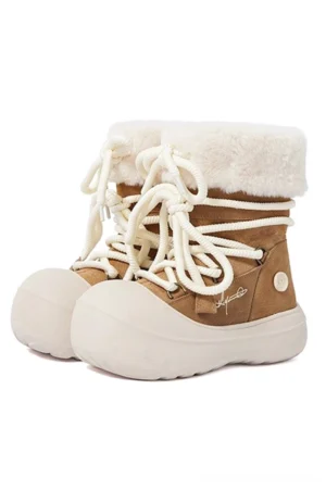 Tan fleece-lined suede platform winter boots with cream rope laces and thick off-white rounded sole front three-quarter view