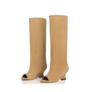 Pair of tan peep toe wide shaft wedge boots with matte suede-look finish and tall straight shafts