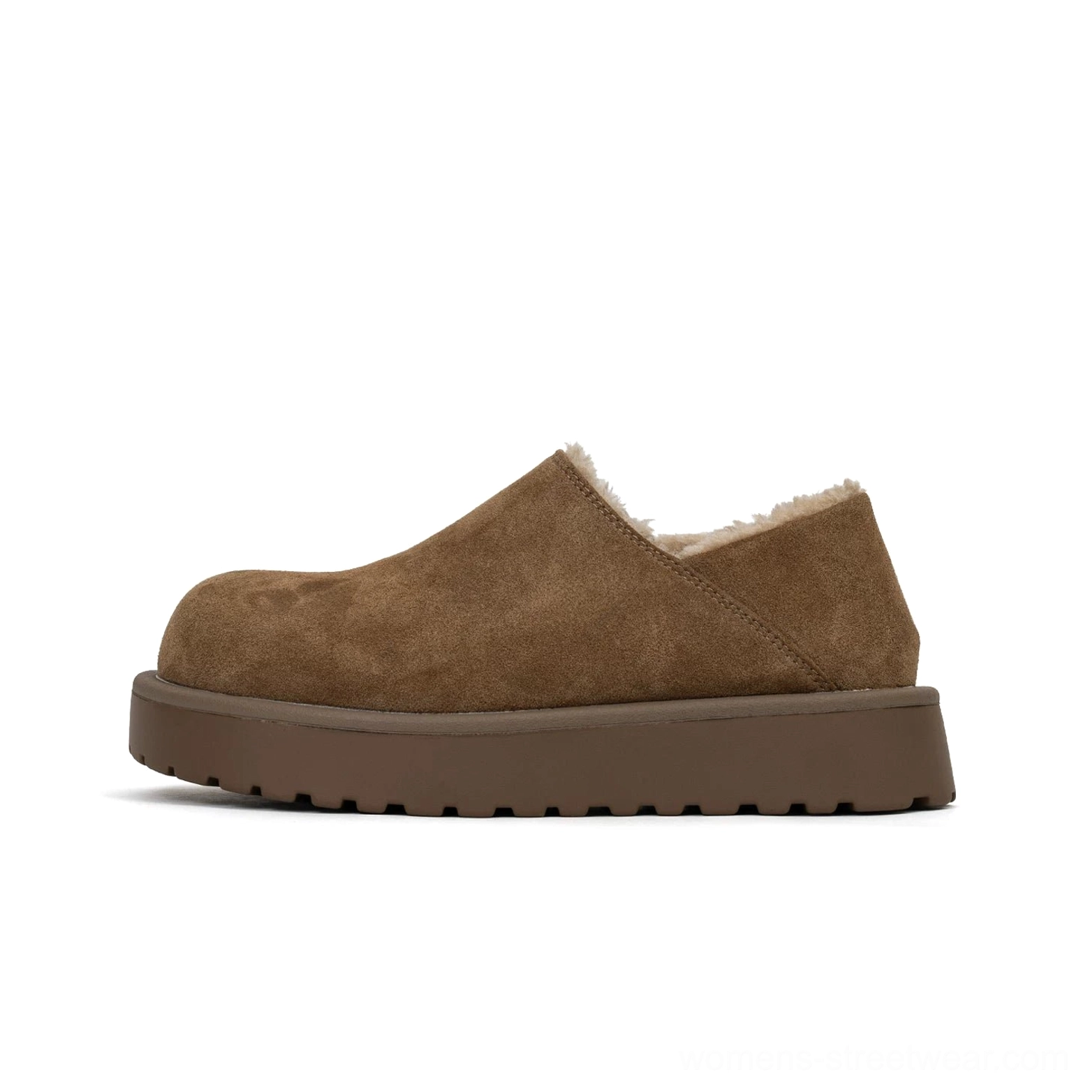 Tan shearling-lined platform slip-on clog in a clean side profile, showing the rounded toe, suede upper, faux fur collar, and thick rubber outsole