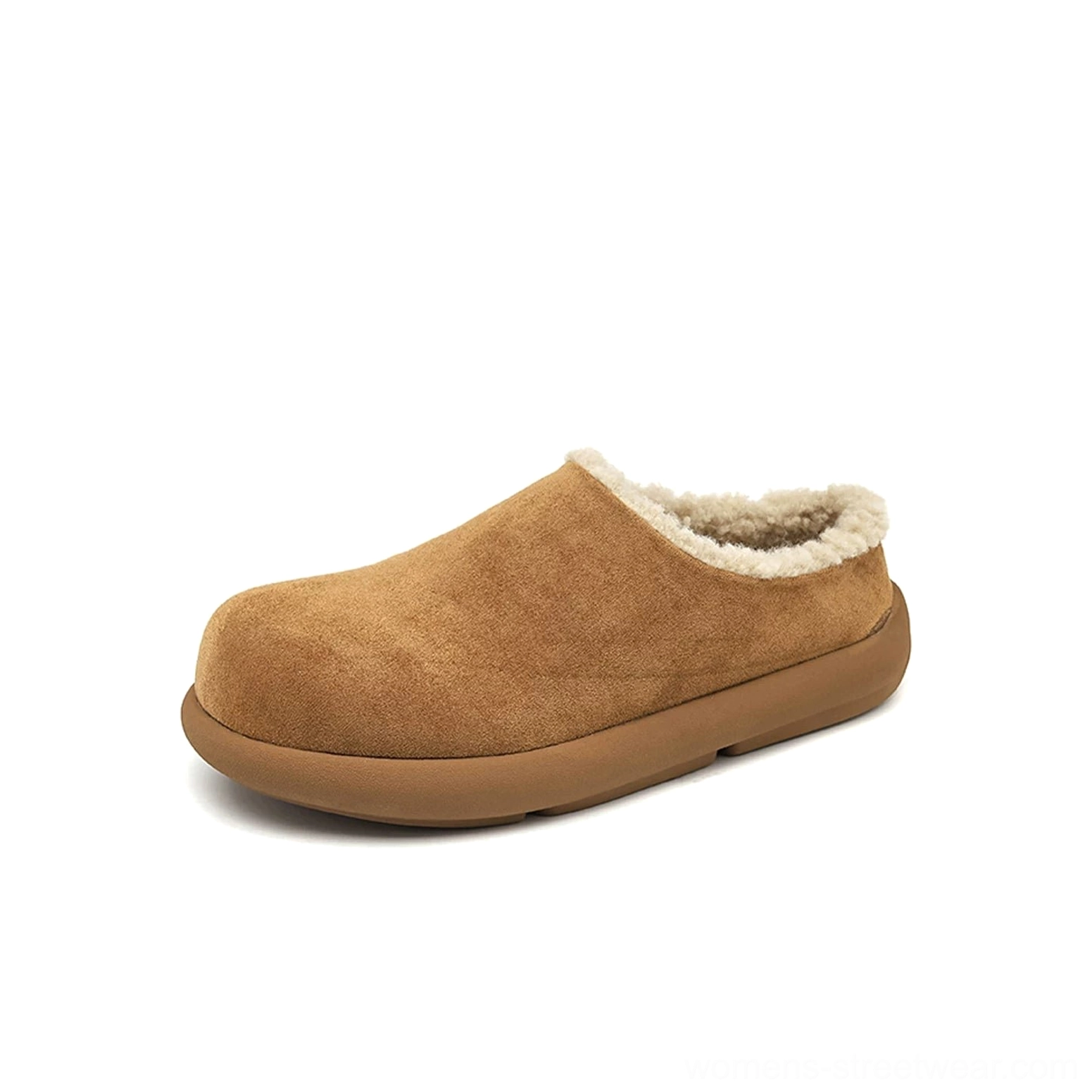 Tan shearling-lined suede mule clogs with a cozy fleece collar, warm textured upper, rounded toe, and thick brown outsole for cold-weather streetwear