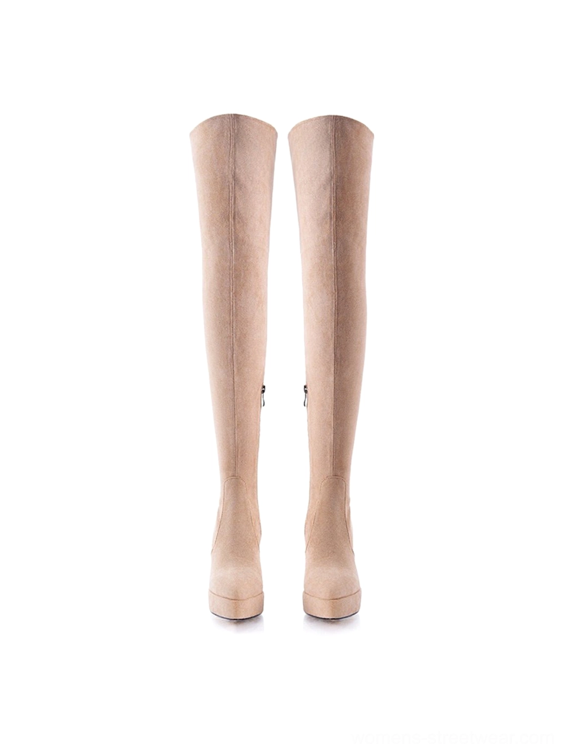 Pair of tan suede-look over-the-knee platform stiletto boots with a sleek thigh-high shaft