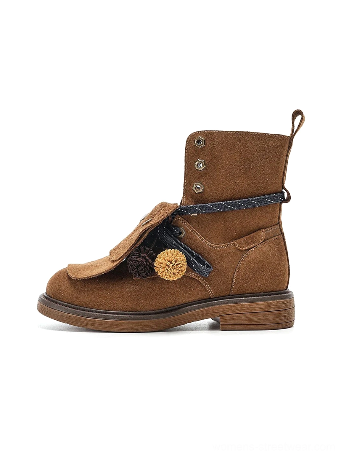 Brown tassel-flap suede-look lace-up ankle boots with foldover button flap, braided pom-pom laces, rear pull tab, and chunky low outsole