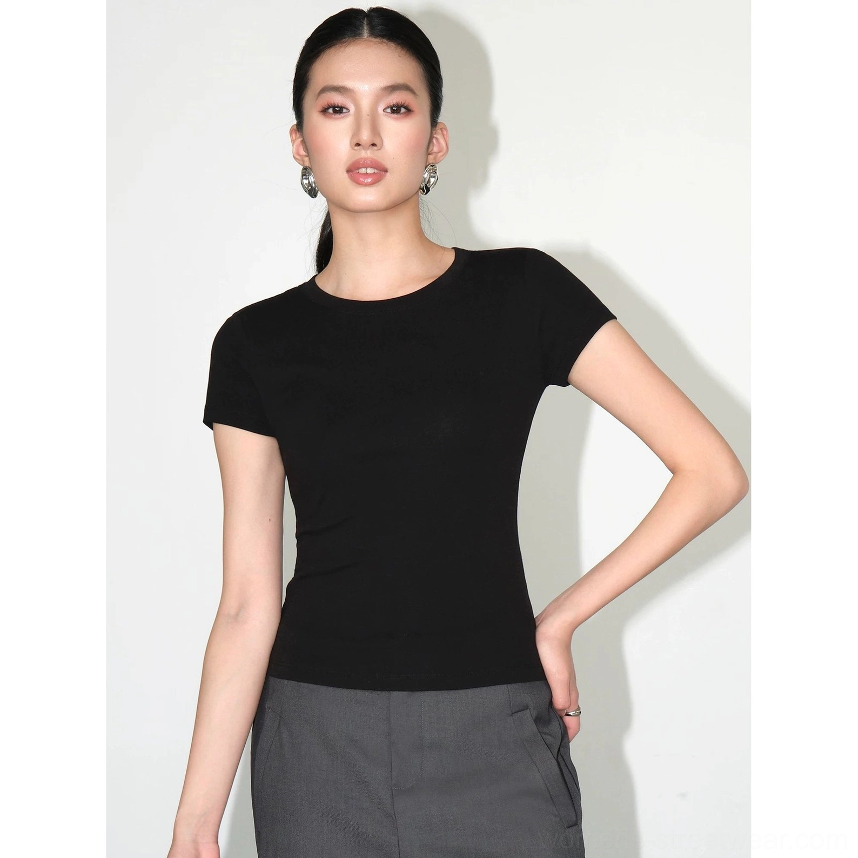 taupe fitted crew neck short sleeve tee layering options contemporary streetwear minimalist base