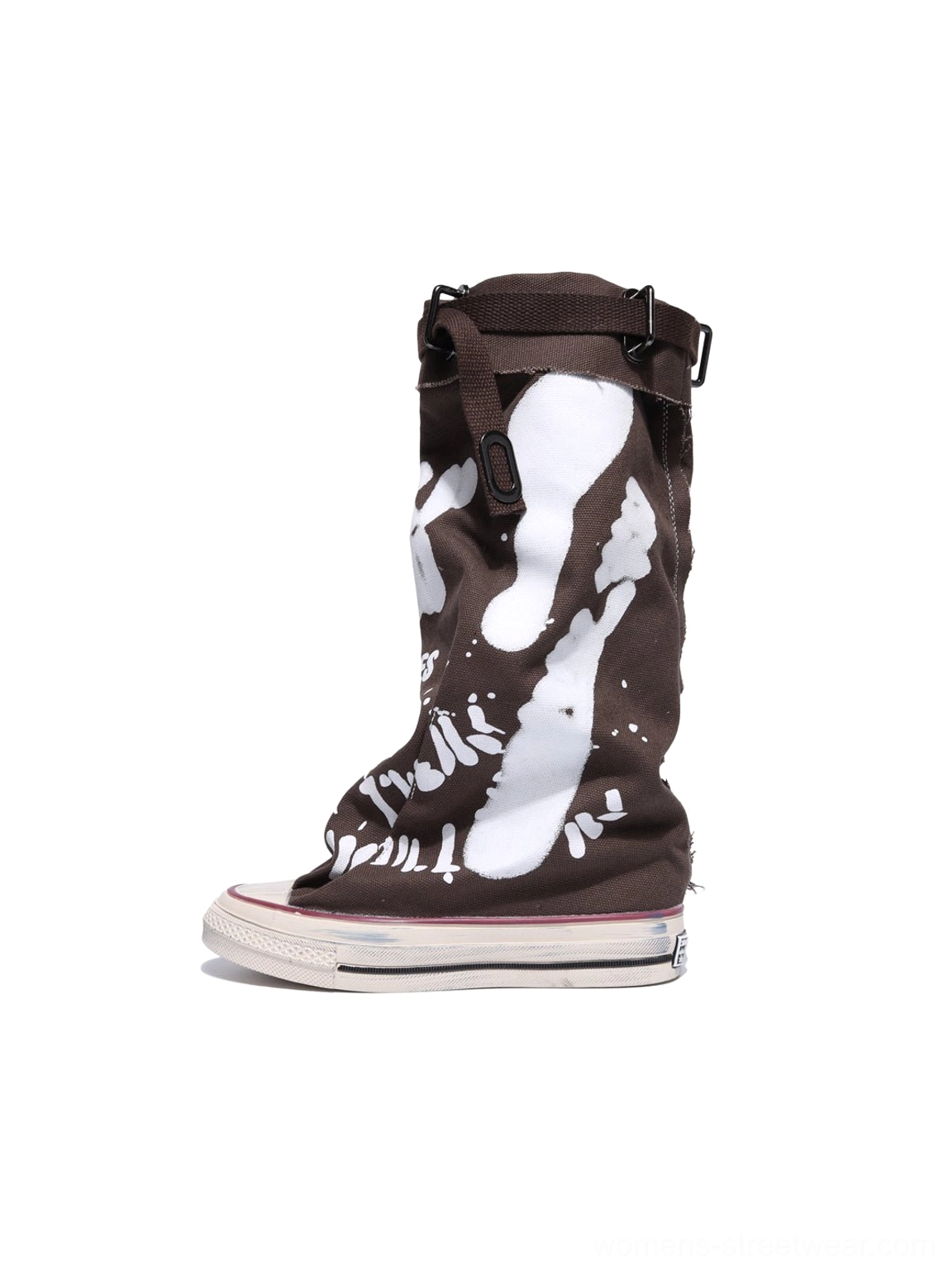 Taupe graffiti canvas slouchy platform tall boots with distressed rubber toe cap and adjustable buckle collar