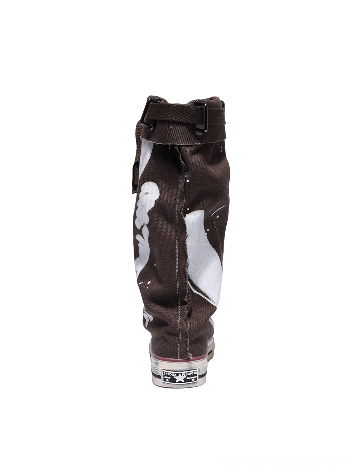 Taupe graffiti canvas slouchy platform tall boots product photo highlighting chunky patterned rubber platform outsole