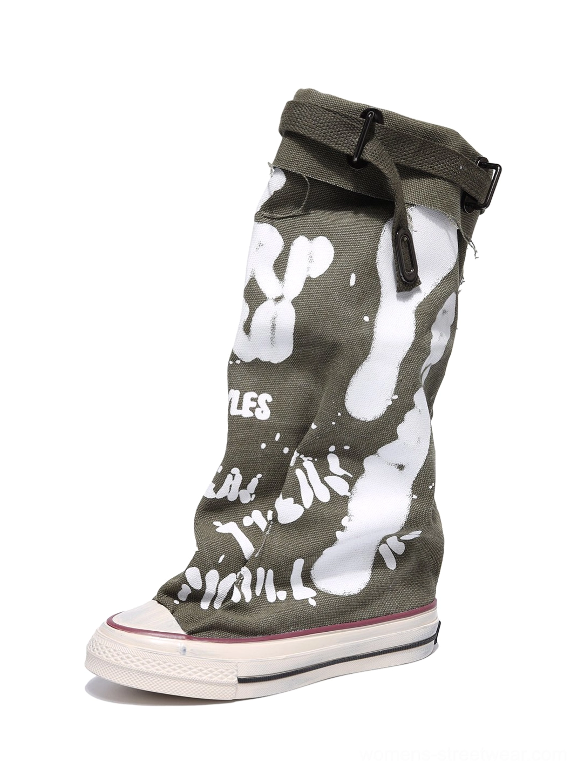 Taupe graffiti canvas slouchy platform tall boots detailed product image with faded graphic upper
