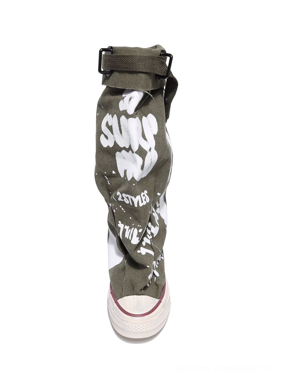 Taupe graffiti canvas slouchy platform tall boots detailed product image with adjustable upper buckle