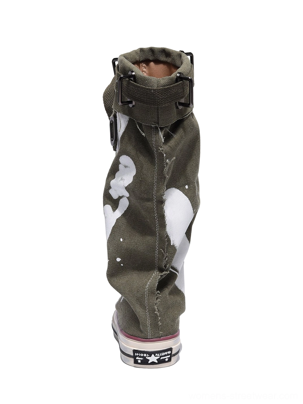 Taupe graffiti canvas slouchy platform tall boots detailed product image with chunky streetwear sole