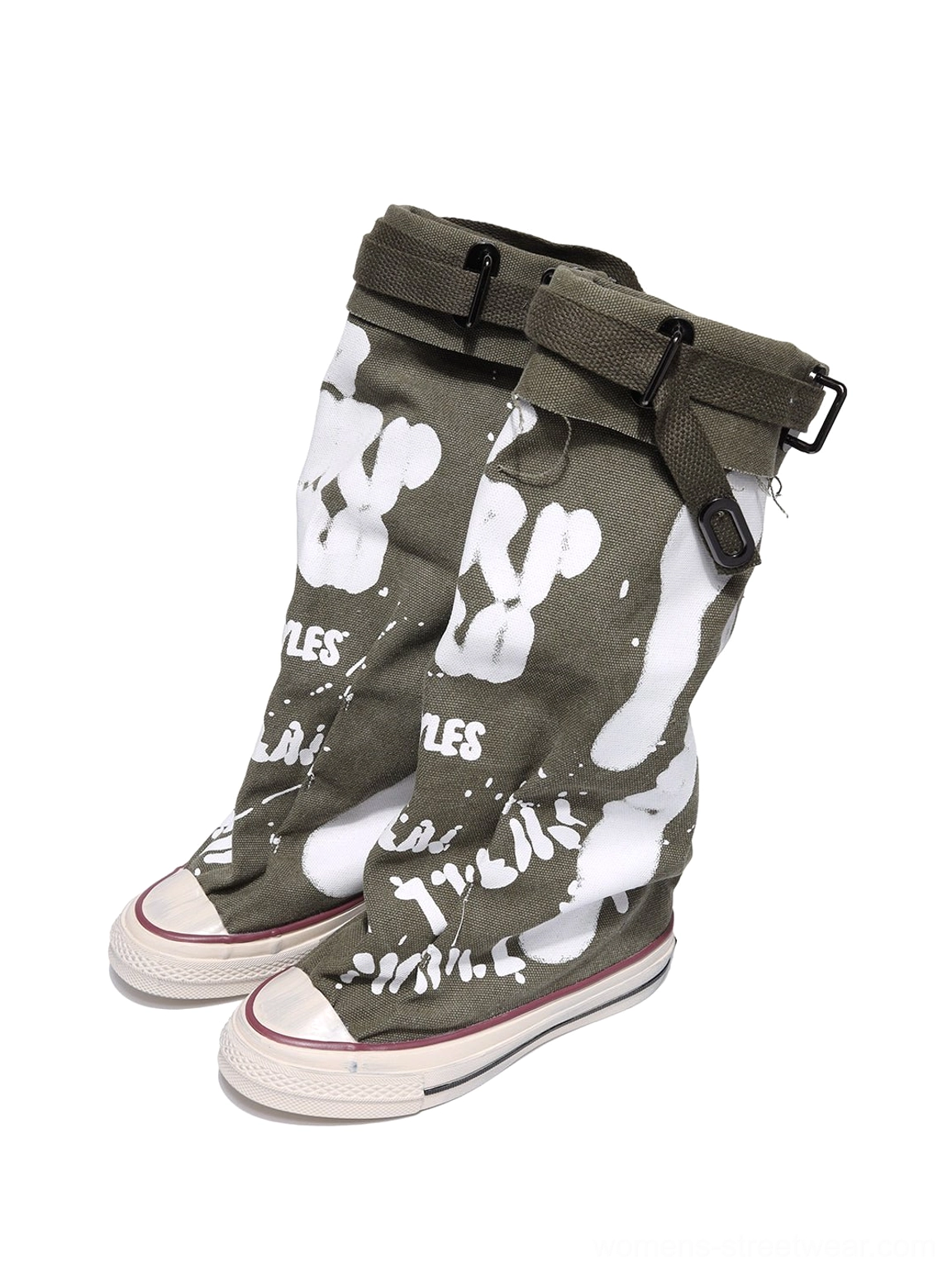 Taupe graffiti canvas slouchy platform tall boots detailed side profile with relaxed tall shaft