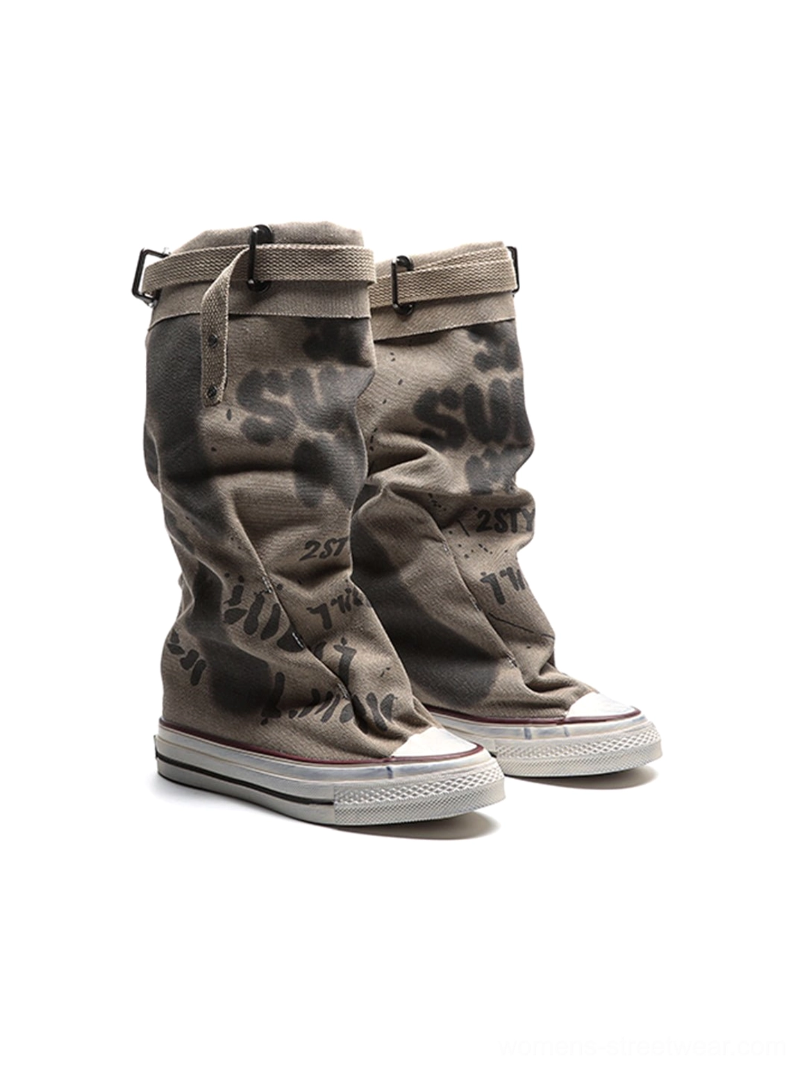 Taupe graffiti canvas slouchy platform tall boots fashion product view with tall lace-up silhouette