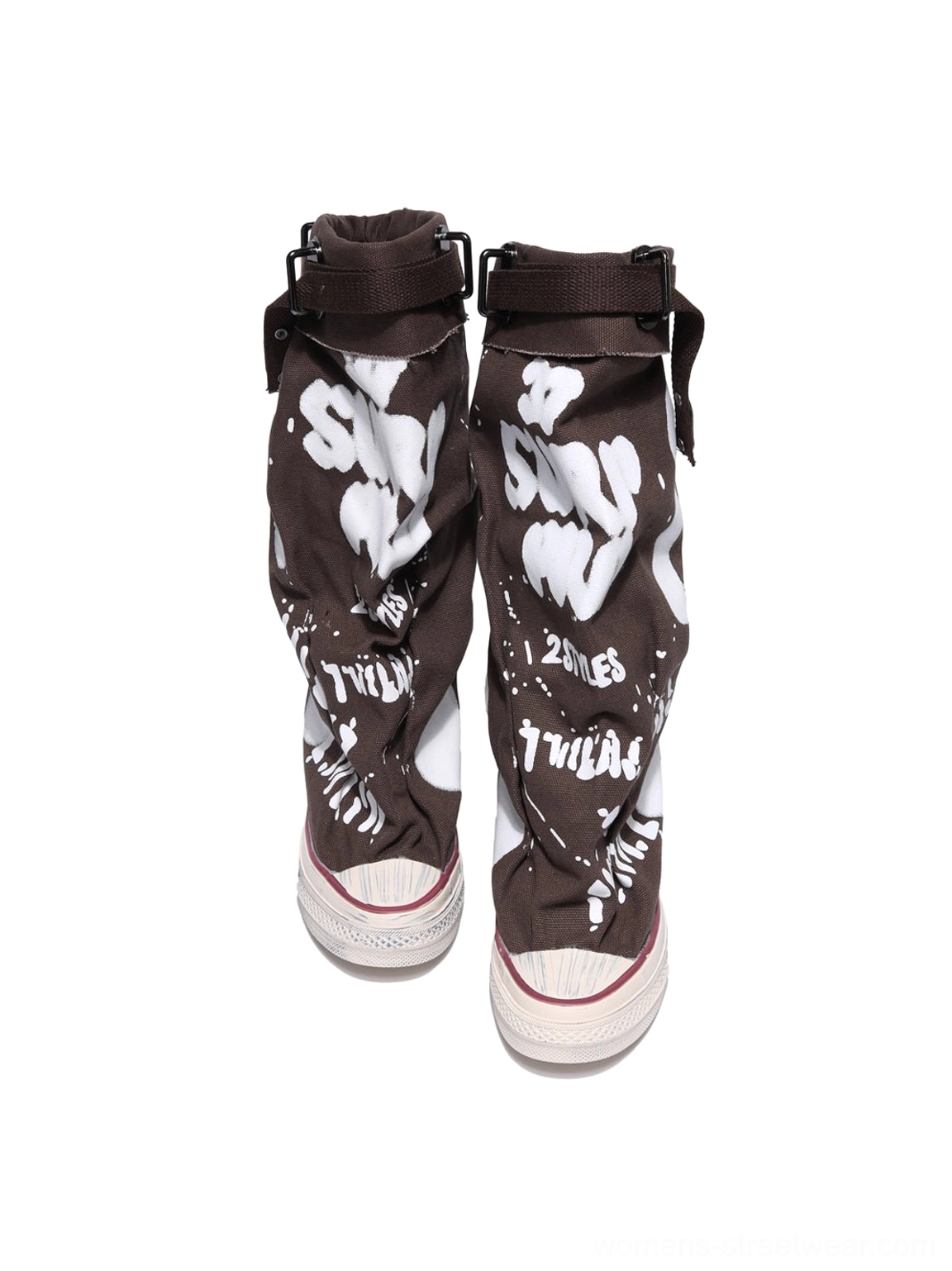 Taupe graffiti canvas slouchy platform tall boots with faded camouflage-inspired streetwear print