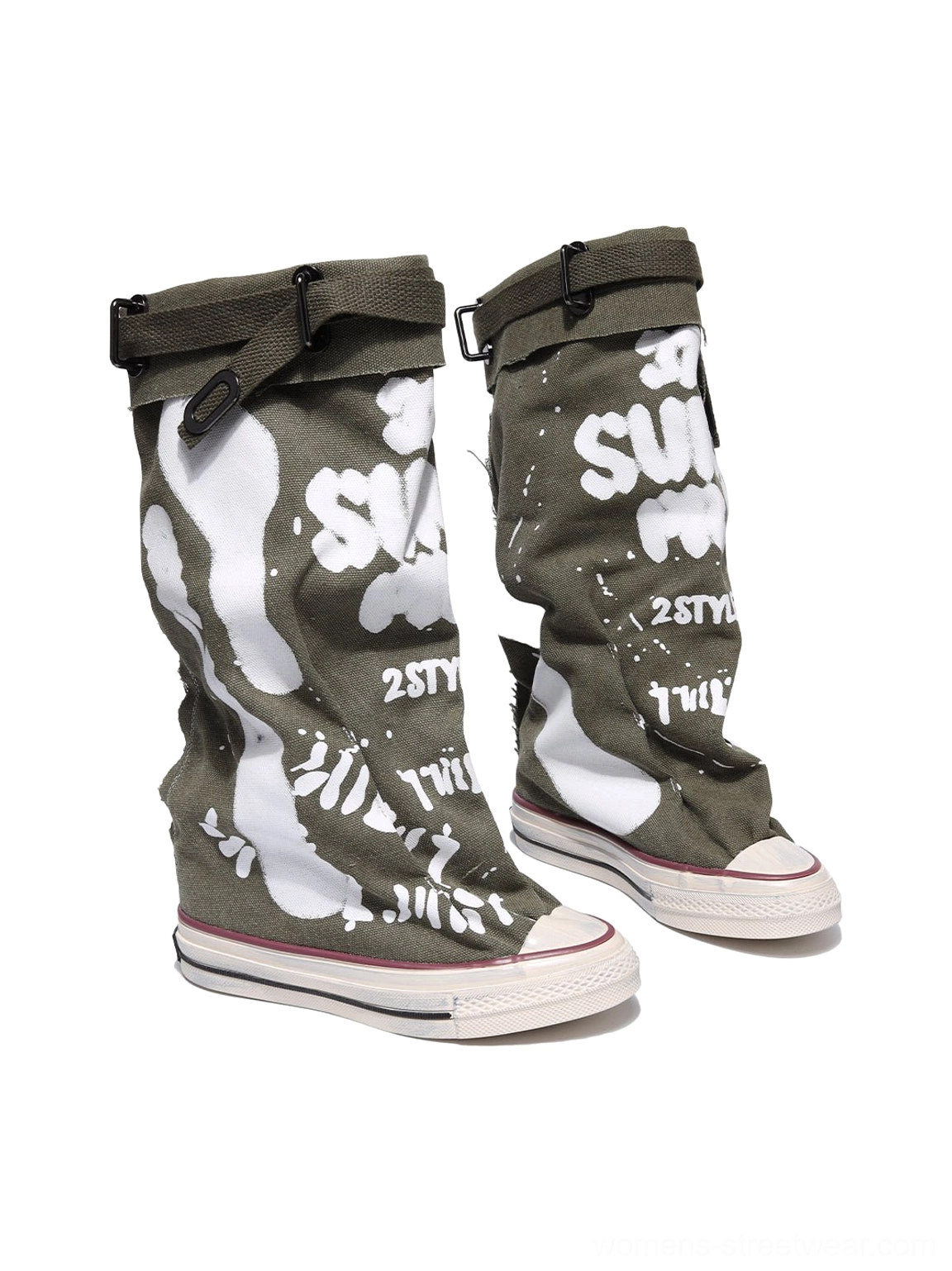 Taupe graffiti canvas slouchy platform tall boots close-up of lace-up construction and faded printed canvas