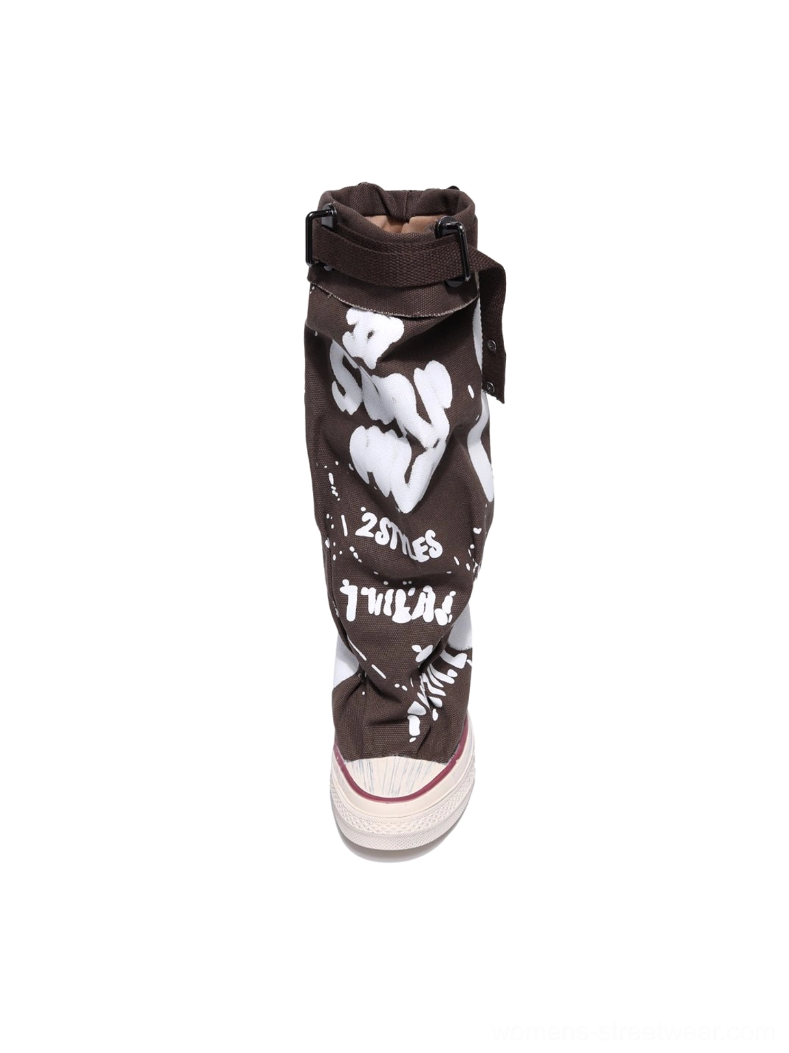 Taupe graffiti canvas slouchy platform tall boots product photo highlighting lace-up front and rubber toe cap